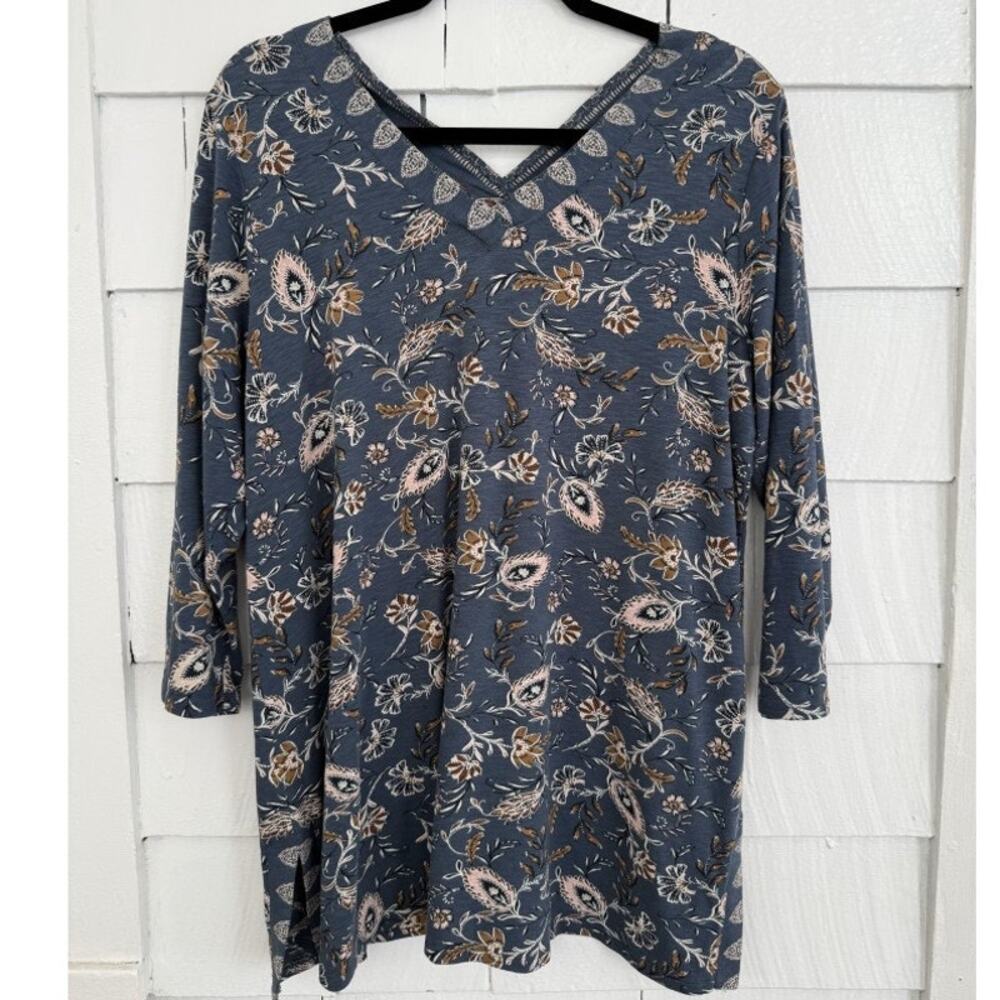 J. Jill Women's Med Double V-Neck Paisley Print Tunic Coastal Grandma Lagenlook